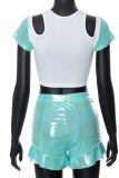Blue Sexy Solid Hollowed Out Patchwork Flounce O Neck Short Sleeve Two Pieces