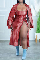Red Sexy Print Bandage Patchwork Slit Turn-back Collar Long Sleeve Two Pieces