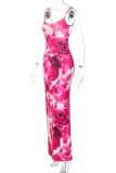 Rose Red Sexy Patchwork Tie-dye Spaghetti Strap Pencil Skirt Dresses