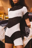 Black White Sexy Solid Patchwork Turtleneck Regular Rompers