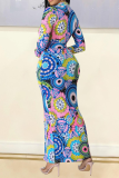 Blue Fashion Print Patchwork Turndown Collar Shirt Dress Dresses