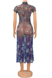 Blue Sexy Print Hollowed Out O Neck Shirt Dress Dresses
