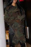 Camouflage Fashion Camouflage Print Patchwork Turndown Collar Tops