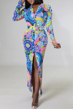 Blue Fashion Print Patchwork Turndown Collar Shirt Dress Dresses