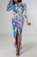 Blue Fashion Print Patchwork Turndown Collar Shirt Dress Dresses