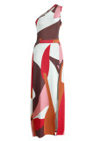 Camel Casual Print Patchwork Slit Oblique Collar Straight Dresses