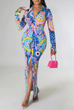 Blue Fashion Print Patchwork Turndown Collar Shirt Dress Dresses