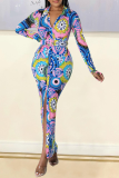 Blue Fashion Print Patchwork Turndown Collar Shirt Dress Dresses