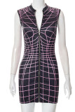 Pink Sexy Print Patchwork Zipper Collar Pencil Skirt Dresses