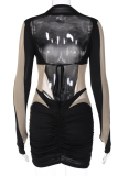 Black Sexy Solid Mesh Half A Turtleneck Pencil Skirt Dresses