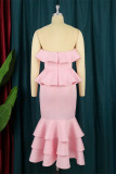 Pink Fashion Sexy Formal Solid Patchwork Strapless Evening Dress