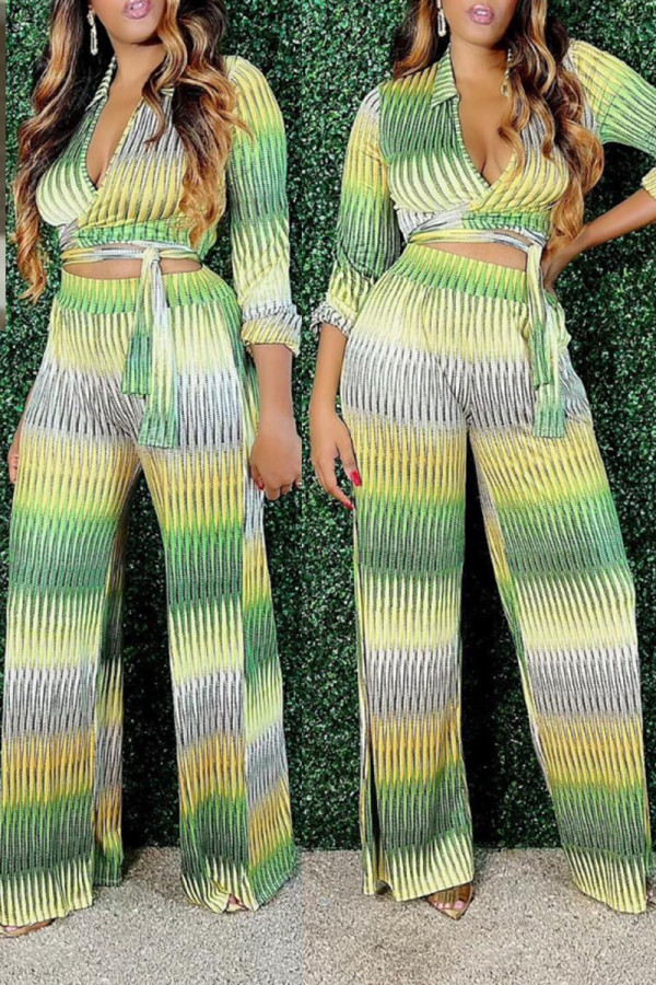 Green Casual Gradual Change Striped Print Strap Design Shirt Collar Two Pieces