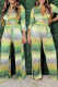 Green Casual Gradual Change Striped Print Strap Design Shirt Collar Two Pieces