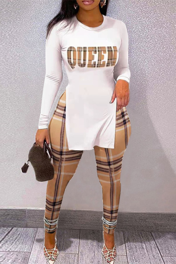 Khaki Fashion Casual Print Slit O Neck Long Sleeve Two Pieces