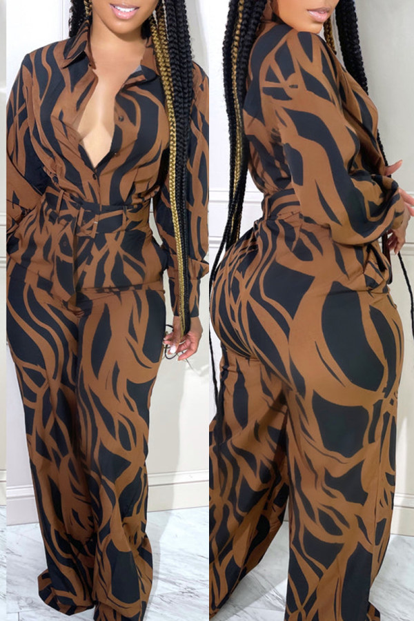 Brown Fashion Casual Print Patchwork Turndown Collar Long Sleeve Two Pieces