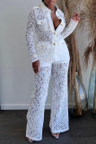 White Fashion Casual Solid Patchwork See-through Turndown Collar Long Sleeve Two Pieces