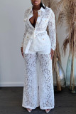 White Fashion Casual Solid Patchwork See-through Turndown Collar Long Sleeve Two Pieces
