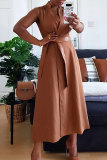 Brown Casual Mandarin Collar Dresses