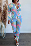 Blue Fashion Casual Print Patchwork Turndown Collar Plus Long Sleeve Pieces