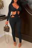 Blue Fashion Sexy Solid Bandage Hollowed Out V Neck Skinny Jumpsuits