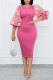 Pink Fashion Casual Patchwork See-through Slit O Neck Long Sleeve Dresses
