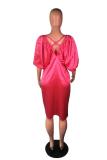 rose red Sexy lantern sleeve Half Sleeves V Neck Lantern skirt Mid-Calf Solid Casual Dresses