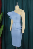 Sky Blue Fashion Casual Solid Patchwork Backless Oblique Collar Evening Dress