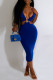 Blue Fashion Sexy Solid Bandage Hollowed Out Backless V Neck Sleeveless Dress