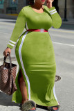 Fluorescent Green Fashion Casual Striped Patchwork Slit O Neck Long Sleeve Plus Size Dresses (Without Belt)