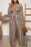 Pink Fashion Sexy Striped Print Backless Off the Shoulder  Long Sleeve Two Pieces