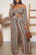 Khaki Fashion Sexy Striped Print Backless Off the Shoulder  Long Sleeve Two Pieces