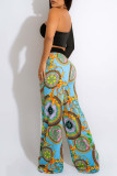 Rose Red Fashion Casual Print Patchwork Backless Oblique Collar Long Sleeve Two Pieces