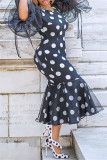 Black Fashion Casual Dot Print Patchwork O Neck One Step Skirt Dresses