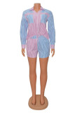 Pink Fashion Casual Striped Print Patchwork Turndown Collar Long Sleeve Two Pieces