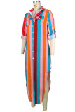 Colour Casual Striped Print Patchwork Buckle Turndown Collar Shirt Dress Dresses