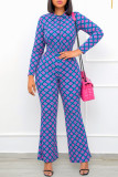 Blue Fashion Casual Print Patchwork Turndown Collar Long Sleeve Two Pieces