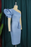 Sky Blue Fashion Casual Solid Patchwork Backless Oblique Collar Evening Dress