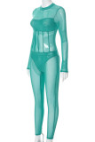 Cyan Sexy Solid Patchwork See-through Half A Turtleneck Regular Jumpsuits