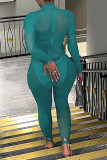 Cyan Sexy Solid Patchwork See-through Half A Turtleneck Regular Jumpsuits