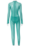 Cyan Sexy Solid Patchwork See-through Half A Turtleneck Regular Jumpsuits