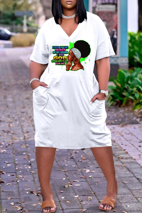 White Fashion Casual Print Patchwork V Neck Short Sleeve Dress