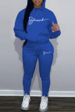 Blue Casual Character Print Solid Patchwork Hot Drill Hooded Collar Long Sleeve Two Pieces