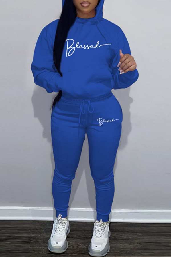 Blue Casual Character Print Solid Patchwork Hot Drill Hooded Collar Long Sleeve Two Pieces