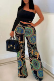 Rose Red Fashion Casual Print Patchwork Backless Oblique Collar Long Sleeve Two Pieces