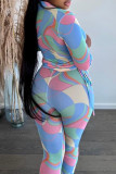 Blue Fashion Casual Print Patchwork Turndown Collar Plus Long Sleeve Pieces