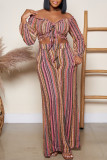 Pink Fashion Sexy Striped Print Backless Off the Shoulder  Long Sleeve Two Pieces