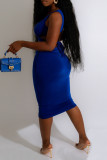 Blue Fashion Sexy Solid Bandage Hollowed Out Backless V Neck Sleeveless Dress