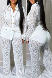 White Fashion Casual Solid Patchwork See-through Turndown Collar Long Sleeve Two Pieces