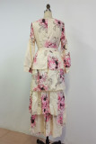 Multicolor Fashion Casual Print Patchwork Frenulum V Neck Long Sleeve Dresses