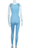 Blue Sexy Casual Print Hollowed Out Patchwork U Neck Skinny Jumpsuits